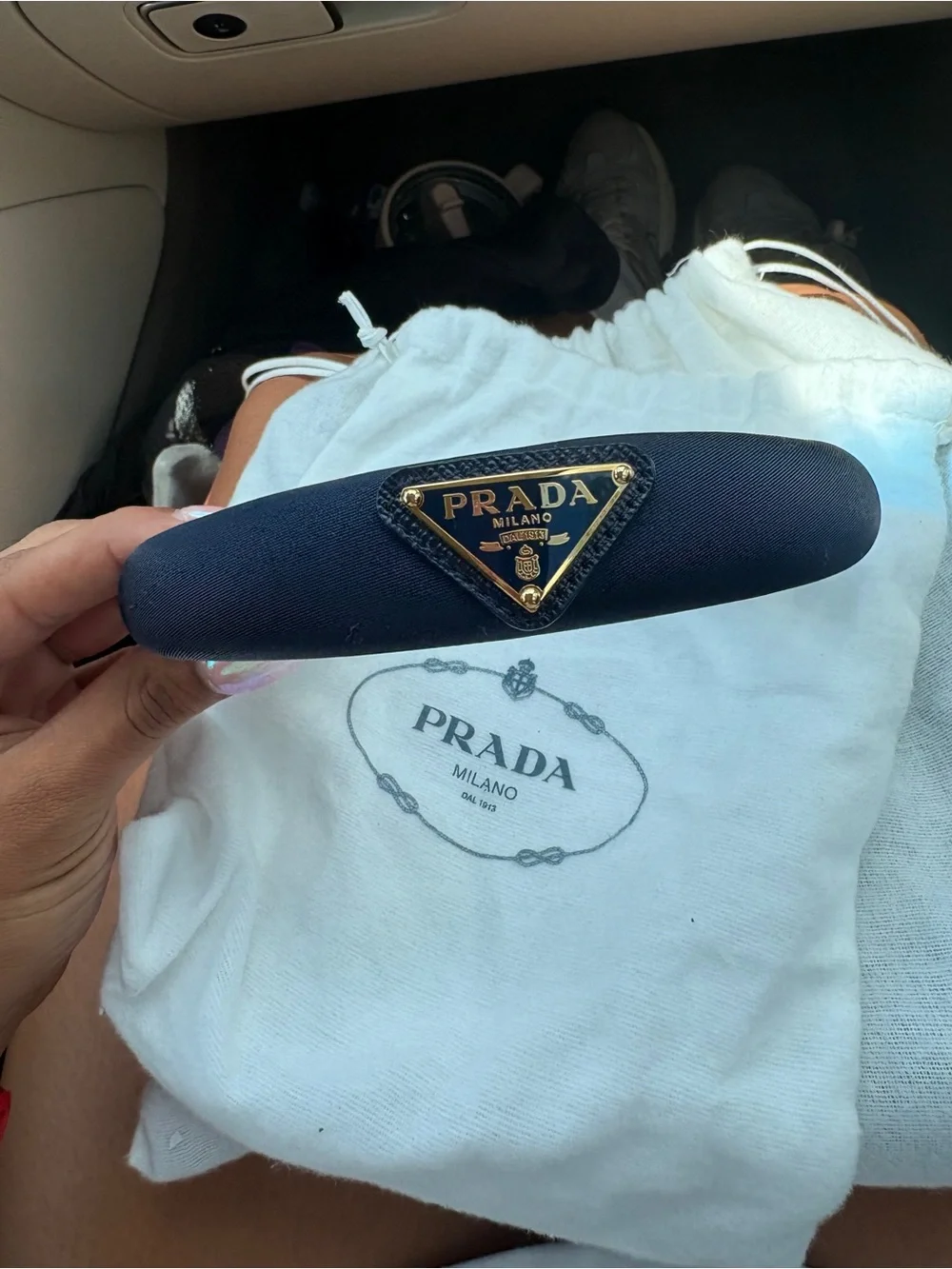 Prada Navy Headband with Subtle Logo Tag